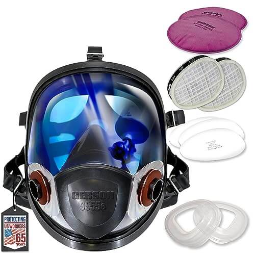 GERSON Full Face Respirator Mask Kit- Respirator with Pancake Filters, Pads, Cartridges & Retainers