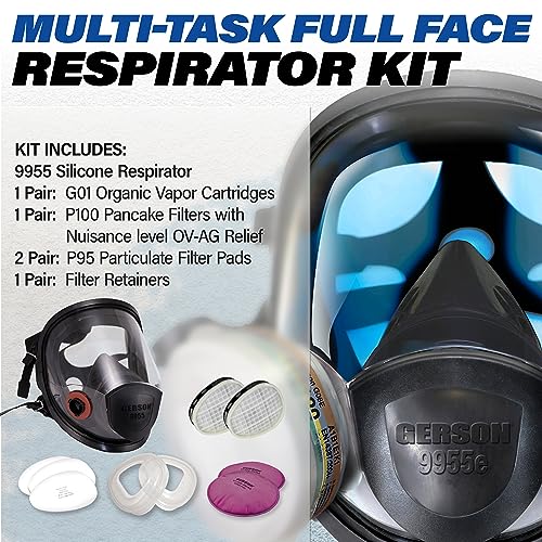 GERSON Full Face Respirator Mask Kit- Respirator with Pancake Filters, Pads, Cartridges & Retainers