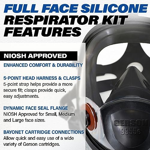 GERSON Full Face Respirator Mask Kit- Respirator with Pancake Filters, Pads, Cartridges & Retainers