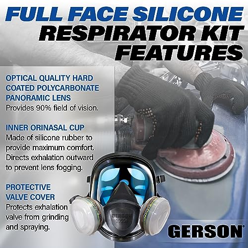 GERSON Full Face Respirator Mask Kit- Respirator with Pancake Filters, Pads, Cartridges & Retainers